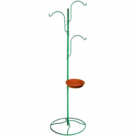 Yard Tree Bird Feeder Hanger with a green metal stand, bowl, and adjustable hooks for bird feeders and birdbaths.