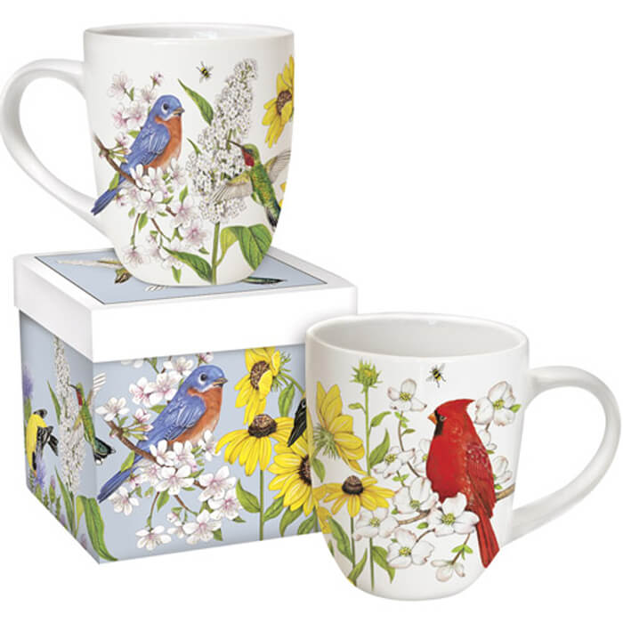 Spring Birds Boxed Mug: A detailed stoneware mug featuring birds and flowers, accompanied by a beautifully crafted gift box. Holds 16 fl oz, microwave safe.