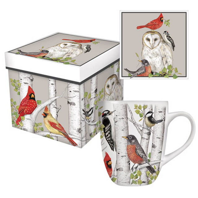 Winter Birds Boxed Mug: Stoneware mug with bird designs on a tree branch, paired with a matching gift box. Microwave safe, holds 16 fl oz.