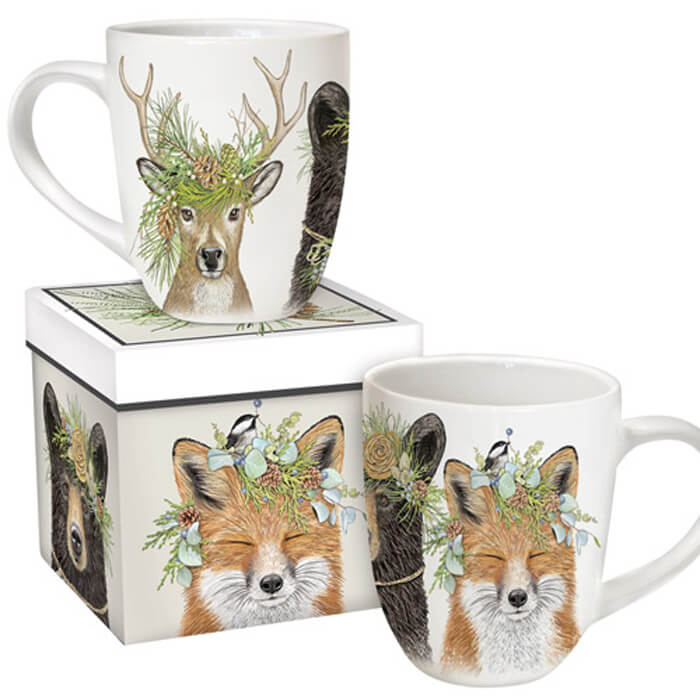 Woodland Animals Boxed Mug: A stoneware mug featuring a fox with a wreath and a llama, includes a matching nature-inspired gift box. Holds 16 fl oz, microwave safe.