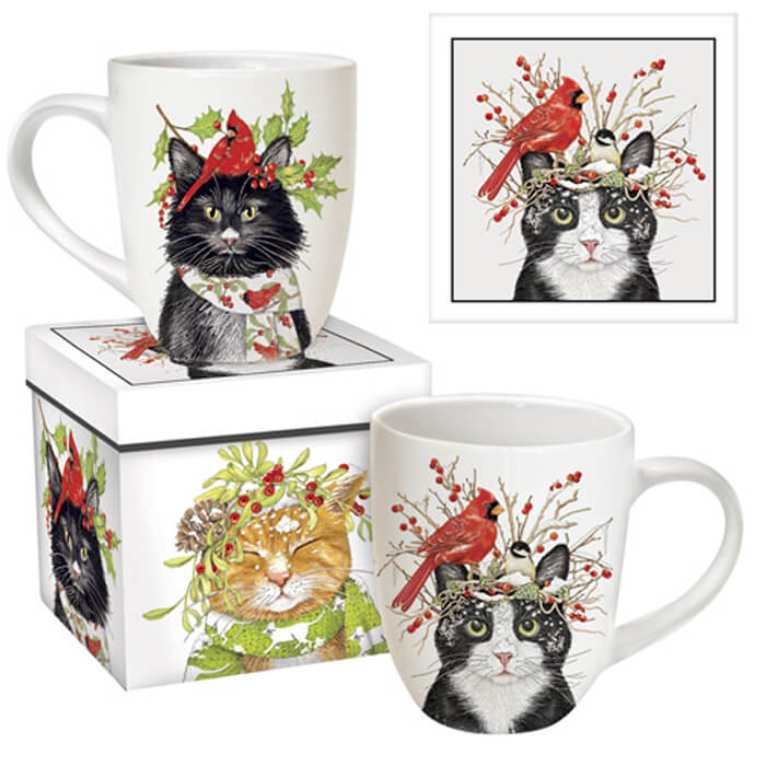 Winter Cat And Birds Boxed Mug: Stoneware mug featuring a cat with a bird on its head, includes matching nature-inspired gift box. Microwave safe. Holds 16 fl oz.