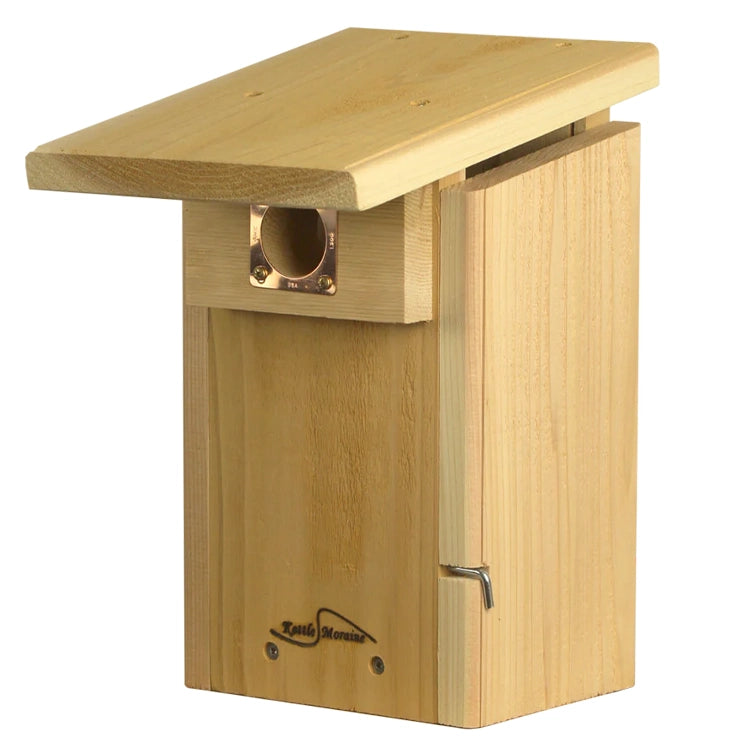 Cedar bluebird nesting box with predator-resistant entrance guard and sloped roof.