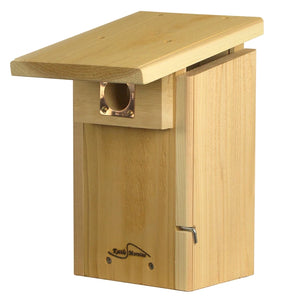 Cedar bluebird nesting box with predator-resistant entrance guard and sloped roof.