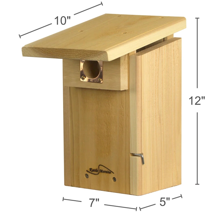 Dimensions of a cedar bluebird nest box measuring 12 inches high, 7 inches wide, and 5 inches deep.