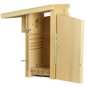 Interior dimensions of a bluebird nest box showing a 9-inch cavity height and 3.5-by-5-inch floor space.