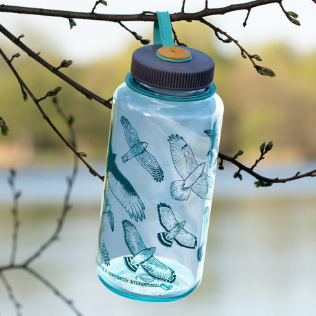 Hawks in Flight Nalgene Water Bottle, Seafoam, featuring bird illustrations, 32 oz. wide mouth, on a tree branch, made with recycled content, BPA/BPS-free.