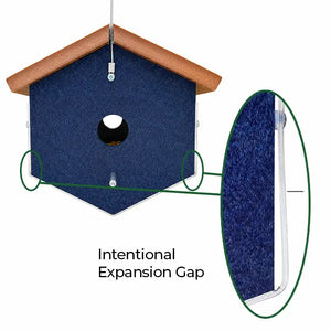 Close-up diagram showing the intentional expansion gap between the recycled-plastic body and clear acrylic panel on the EasyView mealworm feeder.