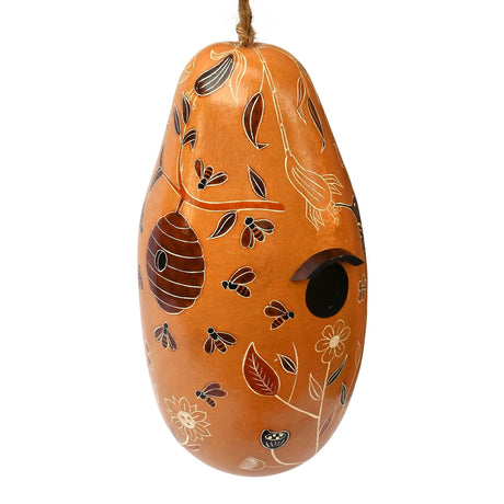 Day Pollinators Gourd Birdhouse featuring bees, flowers, and a 1-1/4 inch opening, ideal for small birds with hand-carved, varied designs.