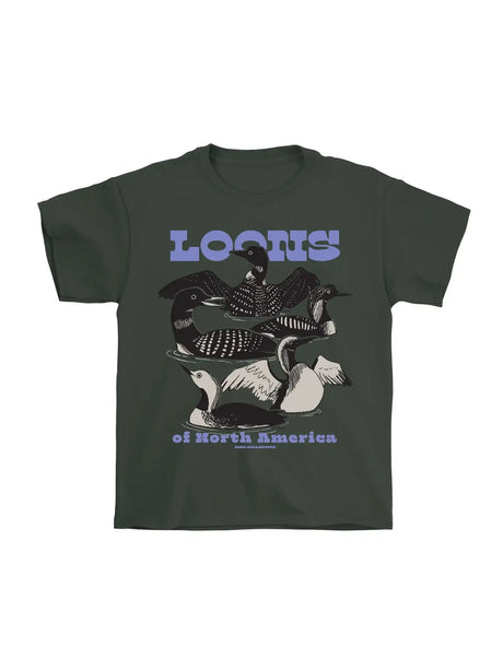 Kids Loons of North America T-Shirt featuring illustrated ducks and text, highlighting five North American loon species. Youth unisex fit, 100% cotton.