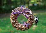 Bird Seed wreath with a bird eating bird seed and a green backyard. 