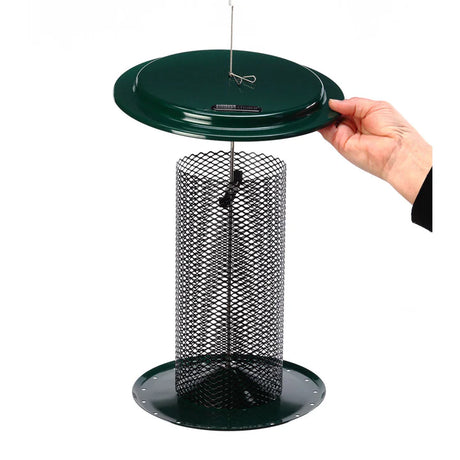 Sunflower Seed Bird Feeder in Red, features a green metal mesh tube, and tray, with a liftable lid for easy filling, designed for optimal bird attraction.