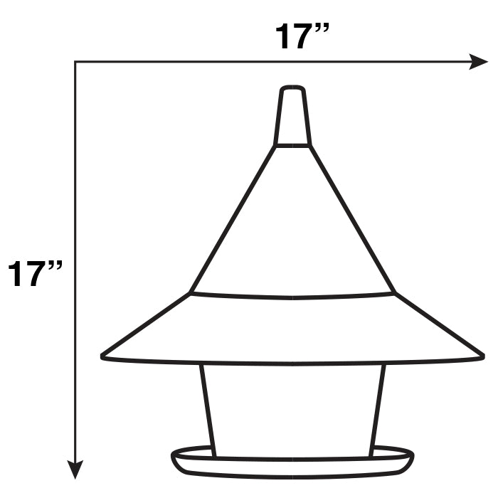 Sketch of Arundale Emerald Sky Cafe bird feeder, cone-shaped with a wide seed tray and see-through hopper, designed to deter squirrels and hold 10 lbs. of seed.